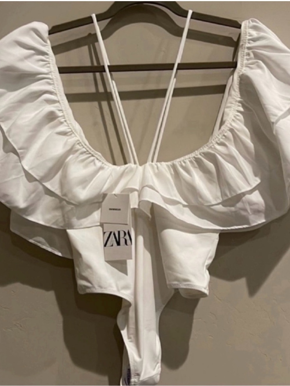 Zara Vintage Retro White Double Ruffle One Piece swim or / Body Suit s M - Picture 6 of 6